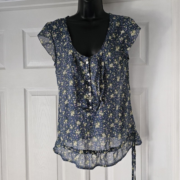 Blue chiffon floral coquette whimsical dainty feminine y2k blouse - Picture 2 of 5